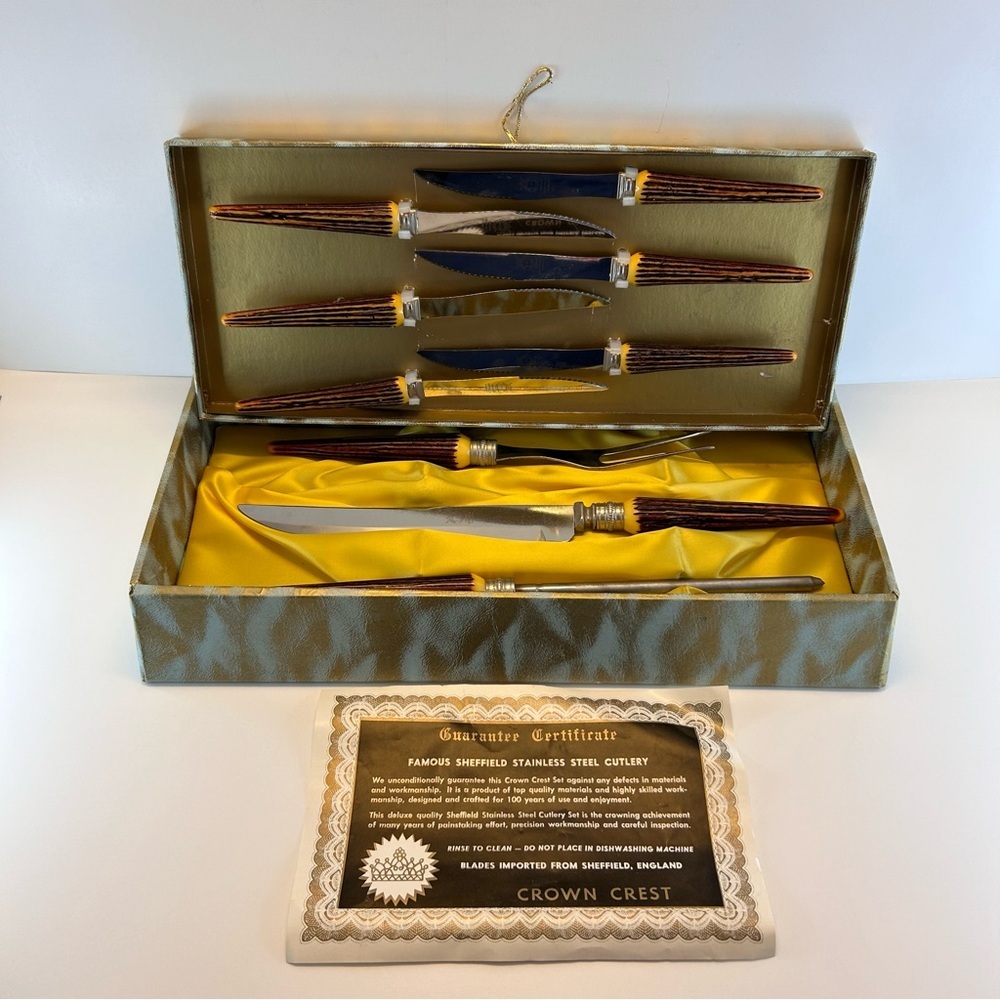 Crown Sheffield Stainless Steel Bakelite Antler Handled Steak Meat Knife…